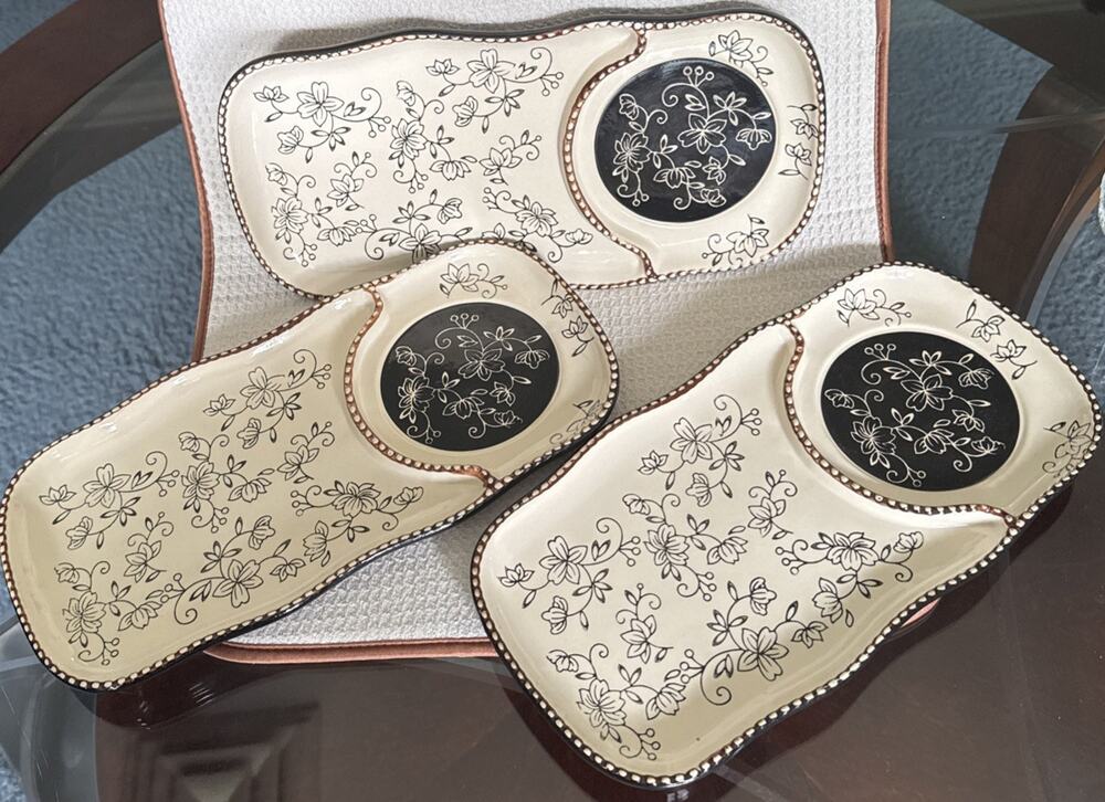 Tara Temptations Snack Serving Trays Chip and Dip in Floral Lace Brown Lot of 3